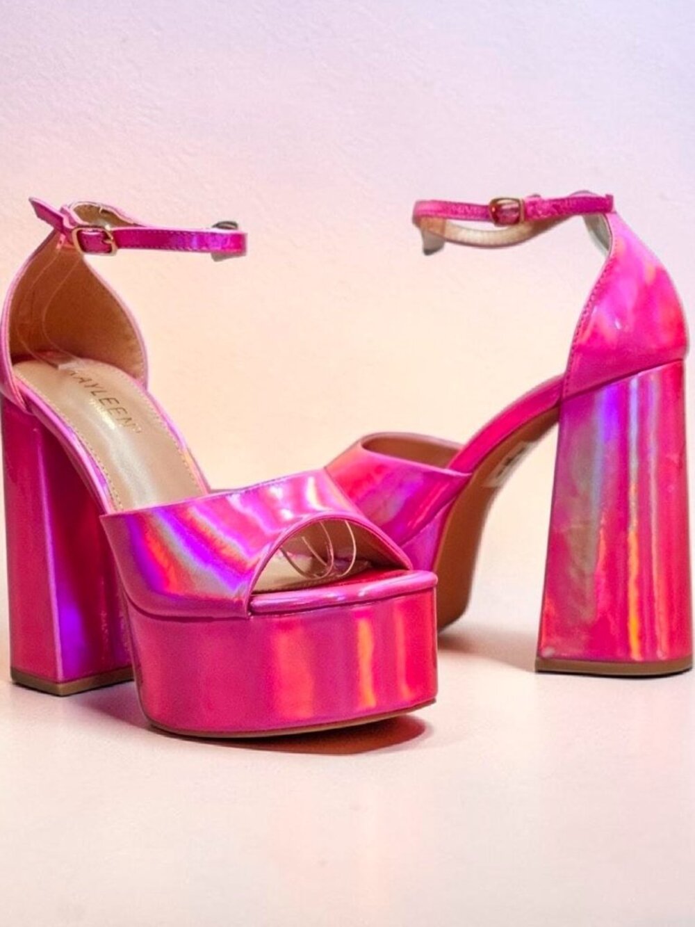 Iridescent Pink Platform Block Heel Sandals With Ankle Strap - Womens Statement